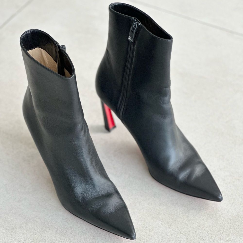 Christian Louboutin Black Leather Ankle Booties with Red Heels Condora